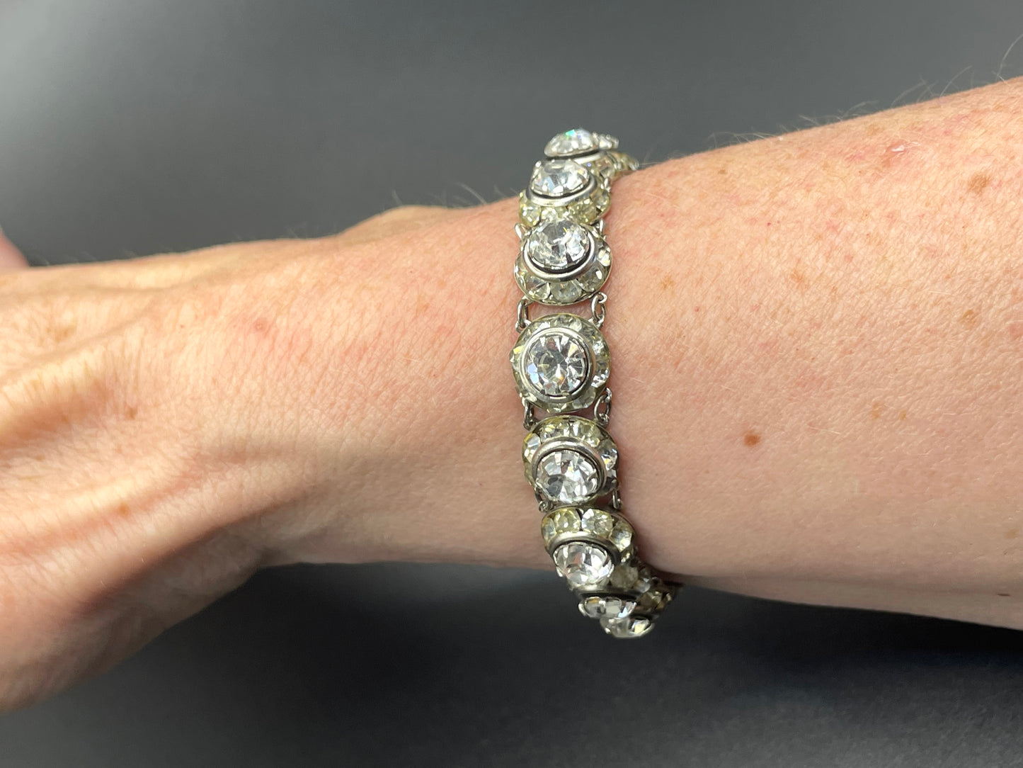 Vintage Art Deco channel set clear rhinestone silver tone machine age necklace, bracelet and screw back earrings set, Schreiber & Hiller ?
