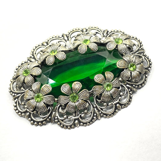 Vintage Art Deco 1930s Czech light & dark green rhinestone brooch with antique silver tone floral filigree - large open backed green crystal