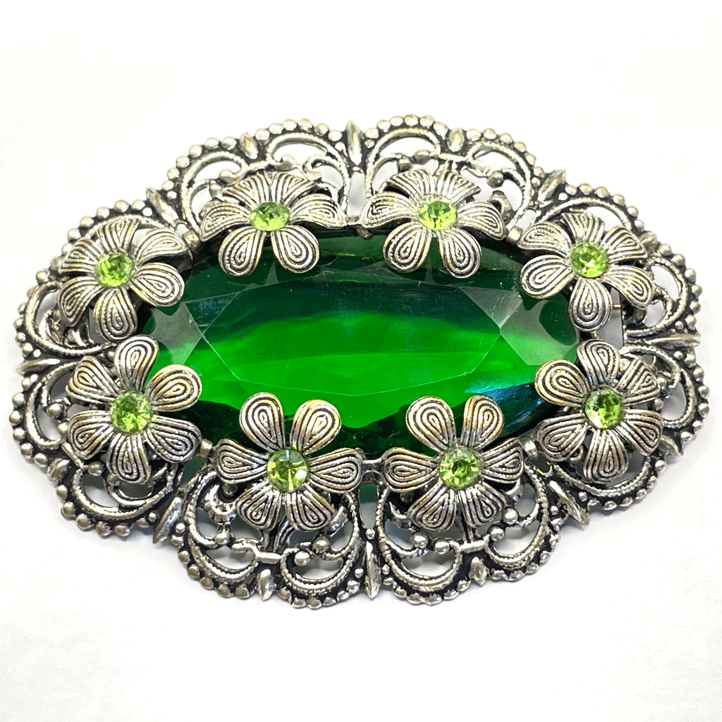 Vintage Art Deco 1930s Czech light & dark green rhinestone brooch with antique silver tone floral filigree - large open backed green crystal