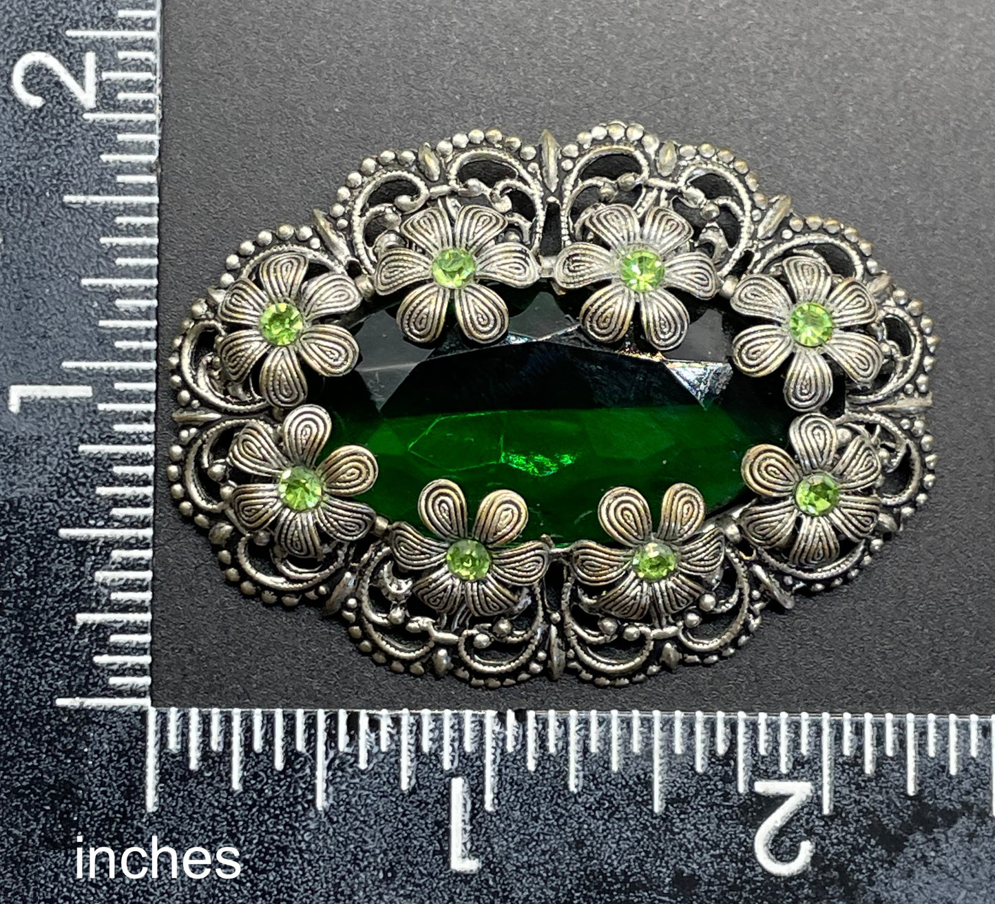Vintage Art Deco 1930s Czech light & dark green rhinestone brooch with antique silver tone floral filigree - large open backed green crystal