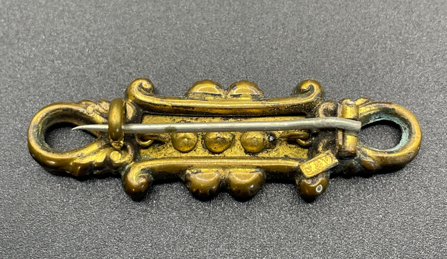 Adorable small antique Victorian gold tone (probably rolled gold) and silver fronted brooch, with clear and green (untested) stones, stamped
