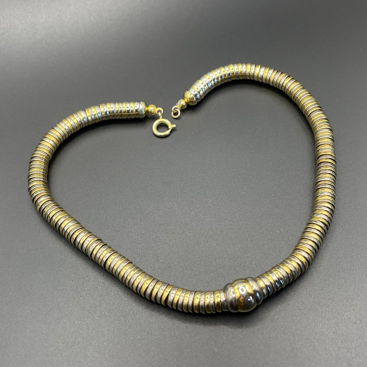 Vintage Jakob Bengel style Art Deco machine age gold and silver tone stacked cup bead geometric choker necklace