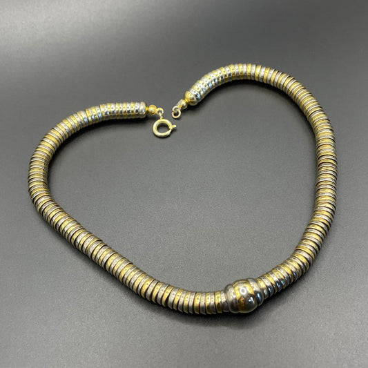 Vintage Jakob Bengel style Art Deco machine age gold and silver tone stacked cup bead geometric choker necklace