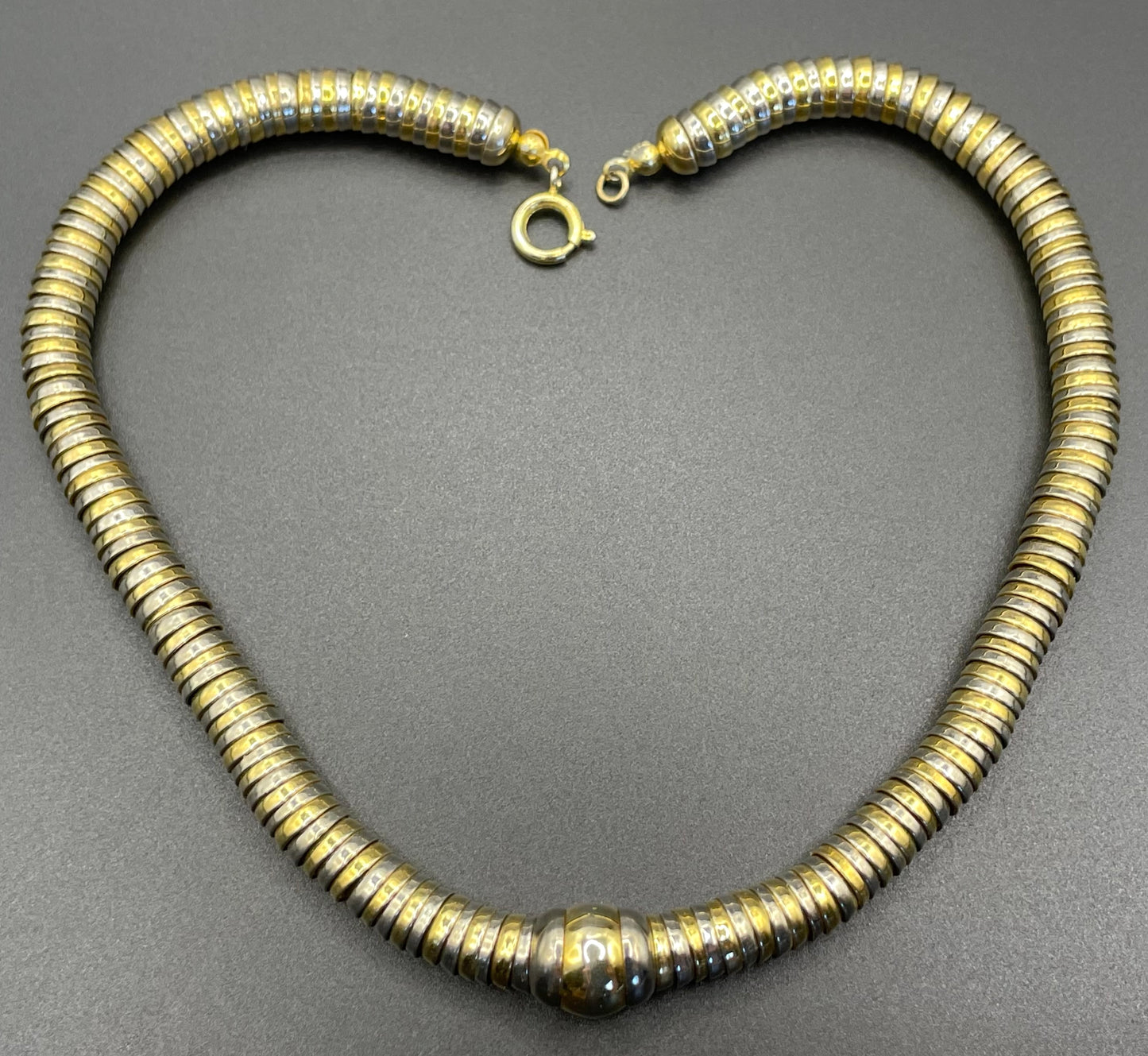 Vintage Jakob Bengel style Art Deco machine age gold and silver tone stacked cup bead geometric choker necklace