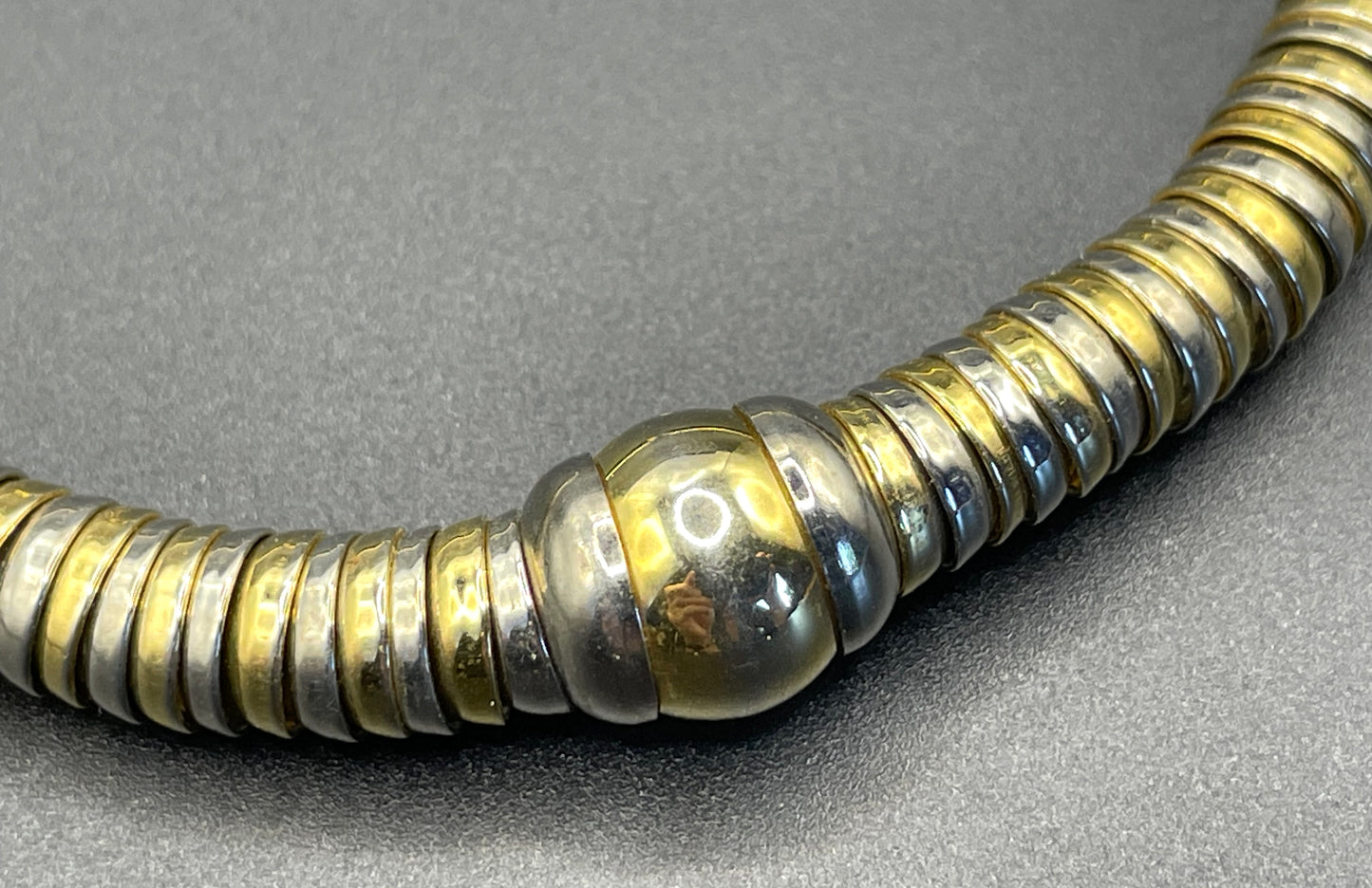 Vintage Jakob Bengel style Art Deco machine age gold and silver tone stacked cup bead geometric choker necklace