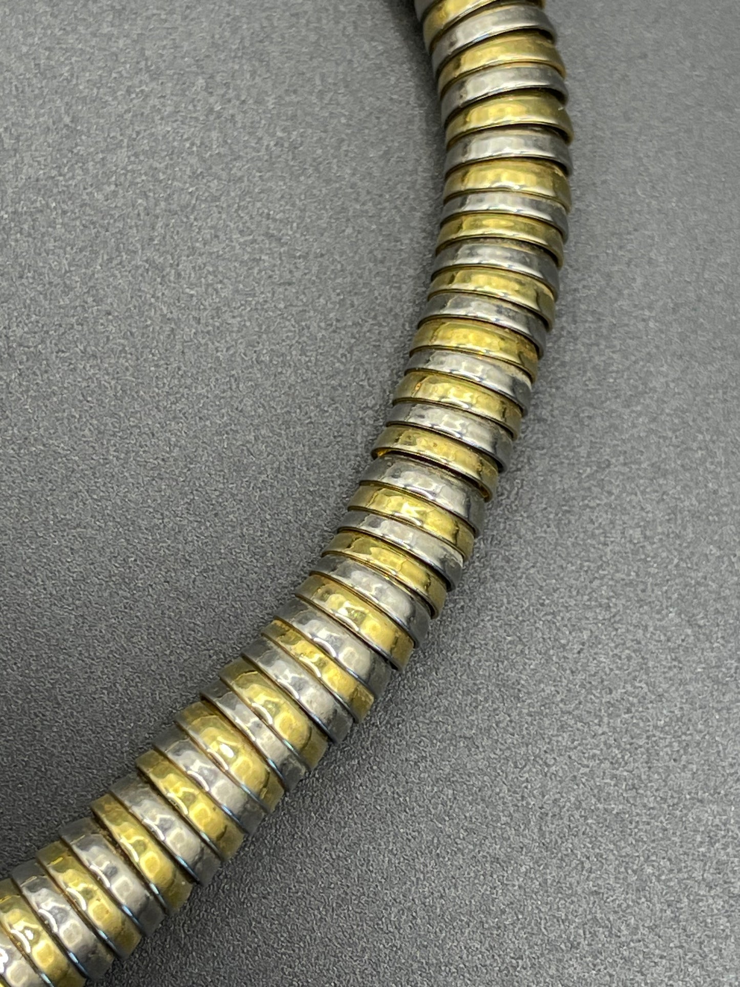 Vintage Jakob Bengel style Art Deco machine age gold and silver tone stacked cup bead geometric choker necklace