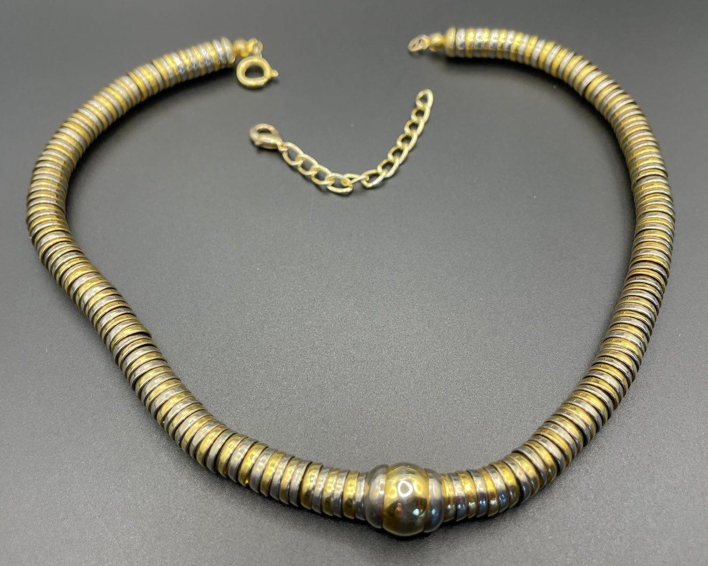 Vintage Jakob Bengel style Art Deco machine age gold and silver tone stacked cup bead geometric choker necklace