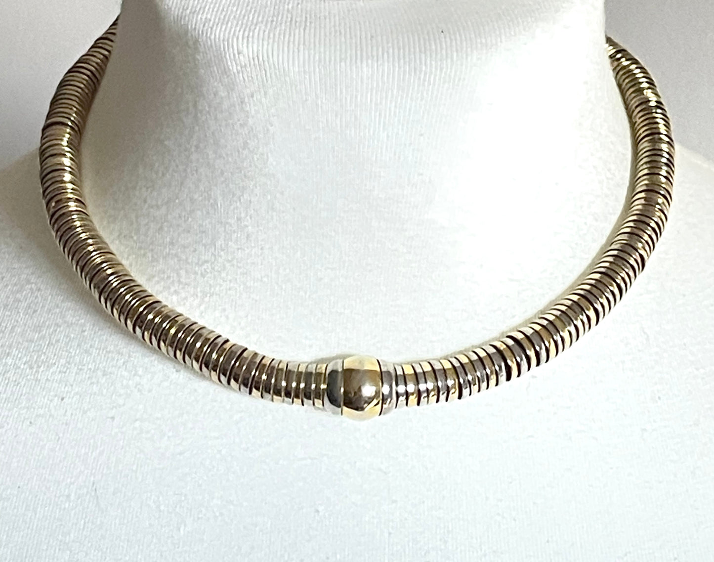Vintage Jakob Bengel style Art Deco machine age gold and silver tone stacked cup bead geometric choker necklace