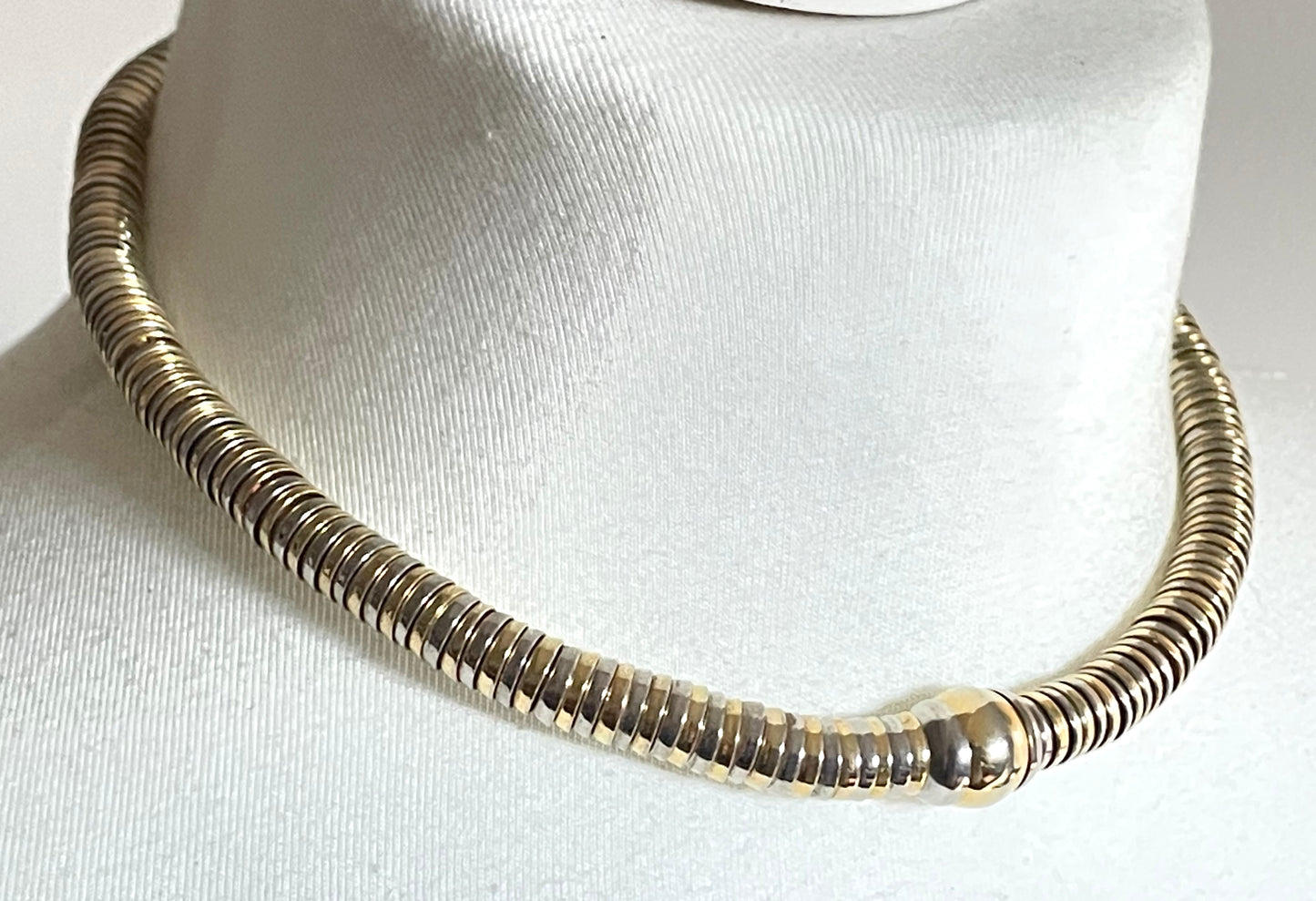 Vintage Jakob Bengel style Art Deco machine age gold and silver tone stacked cup bead geometric choker necklace