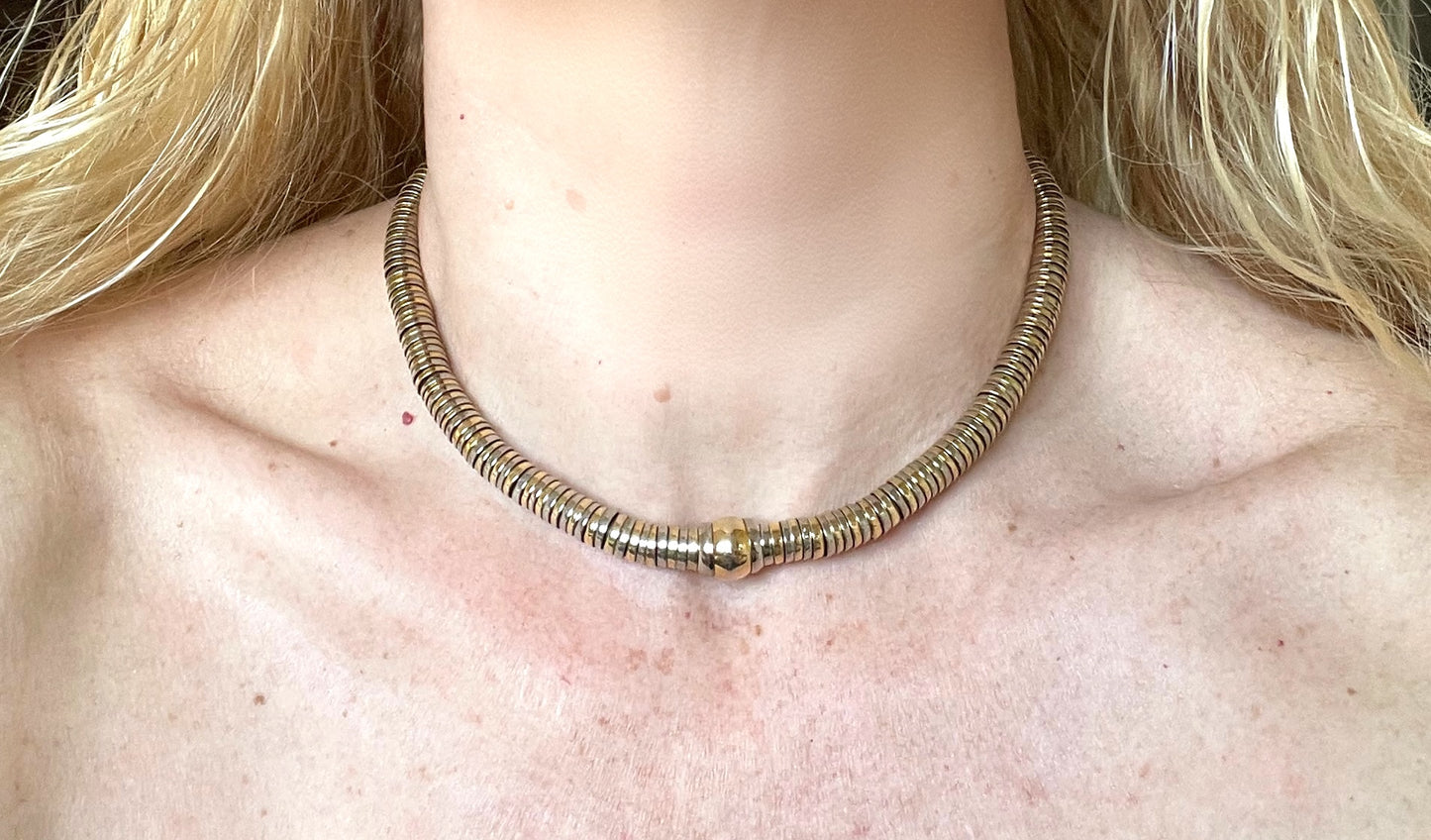 Vintage Jakob Bengel style Art Deco machine age gold and silver tone stacked cup bead geometric choker necklace