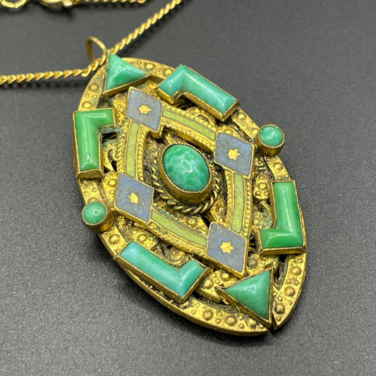 Vintage Neiger pendant with moulded green glass geometric shapes, enamel and 'Peking' style glass cabochons in gold tone filigree