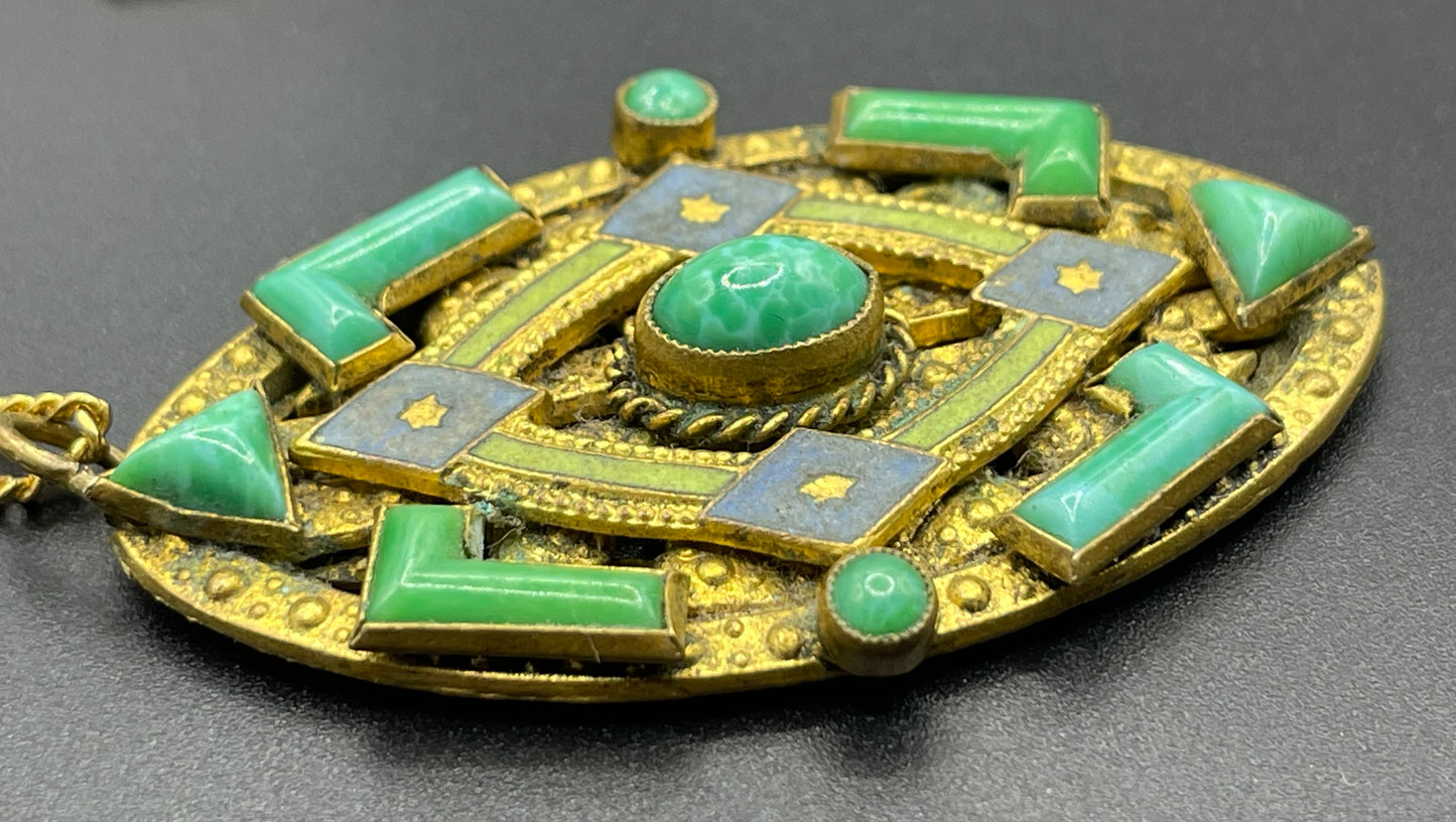 Vintage Neiger pendant with moulded green glass geometric shapes, enamel and 'Peking' style glass cabochons in gold tone filigree