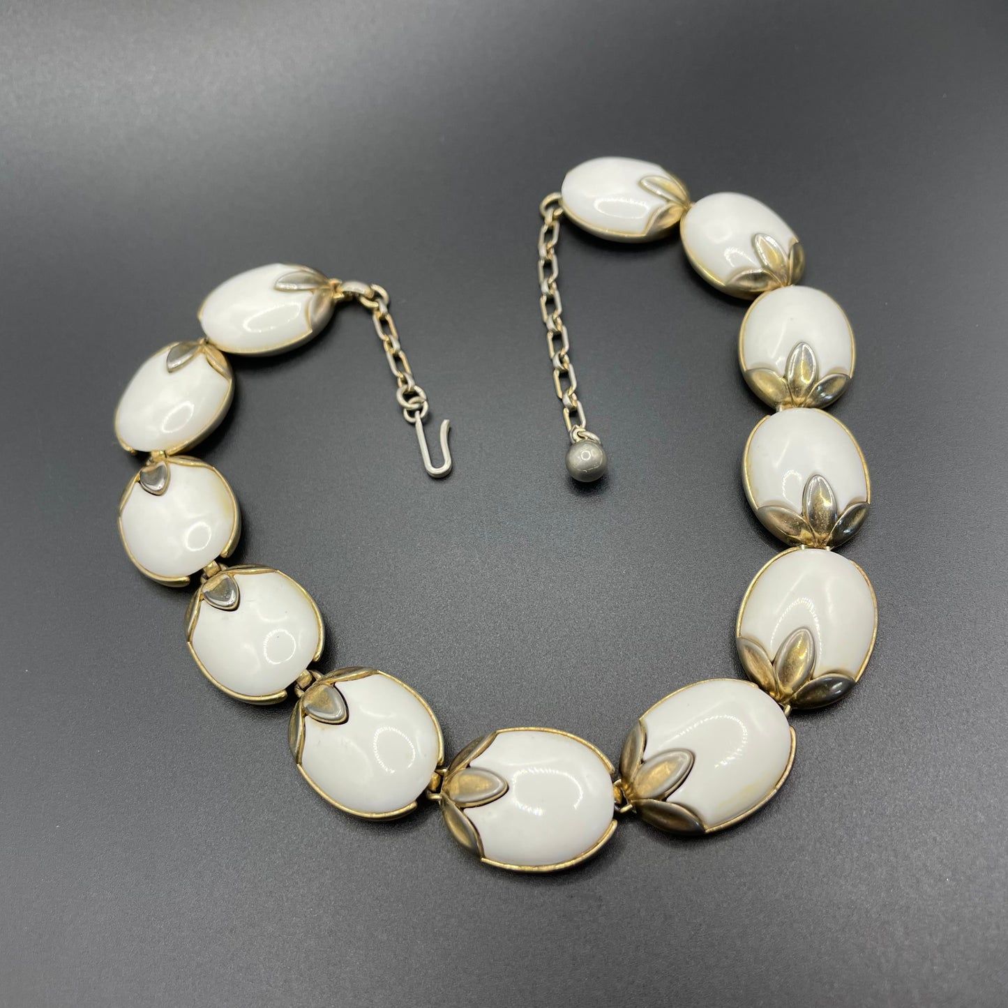 Vintage signed Crown Trifari 'Trinidad' milk white poured glass pale gold tone choker necklace