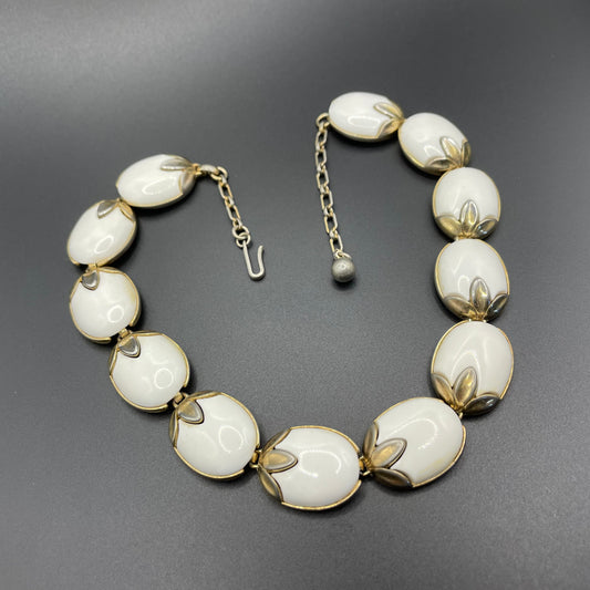 Vintage signed Crown Trifari 'Trinidad' milk white poured glass pale gold tone choker necklace