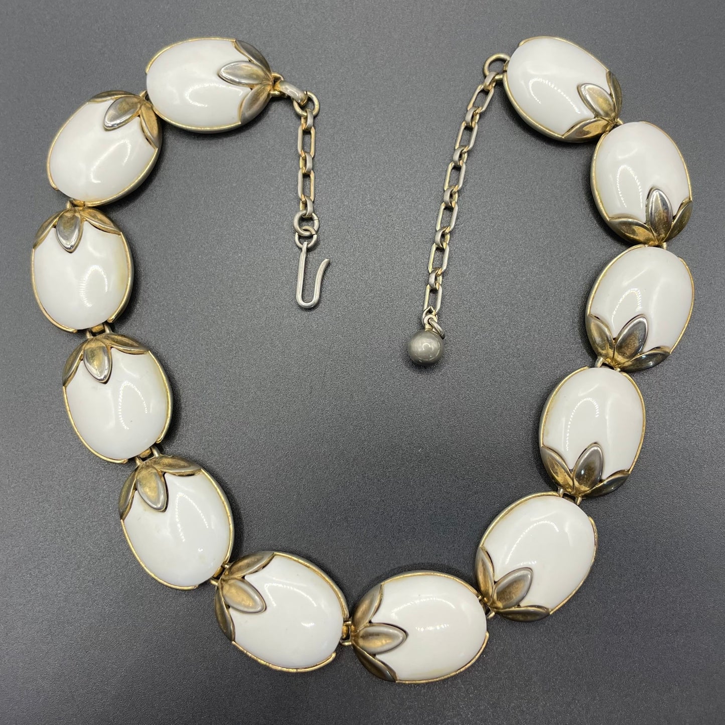 Vintage signed Crown Trifari 'Trinidad' milk white poured glass pale gold tone choker necklace