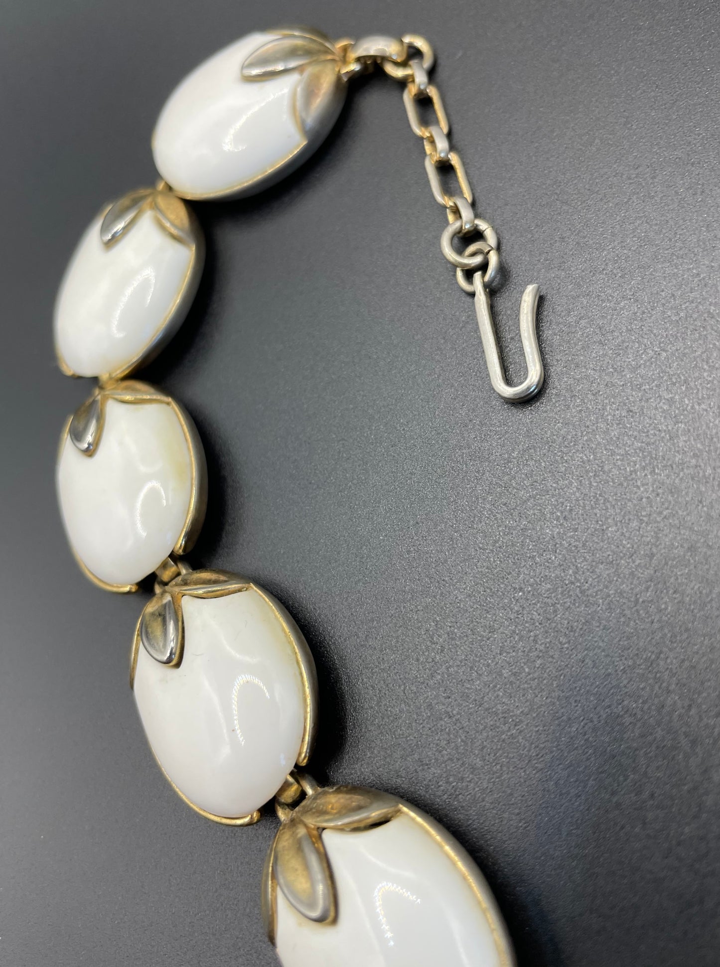 Vintage signed Crown Trifari 'Trinidad' milk white poured glass pale gold tone choker necklace