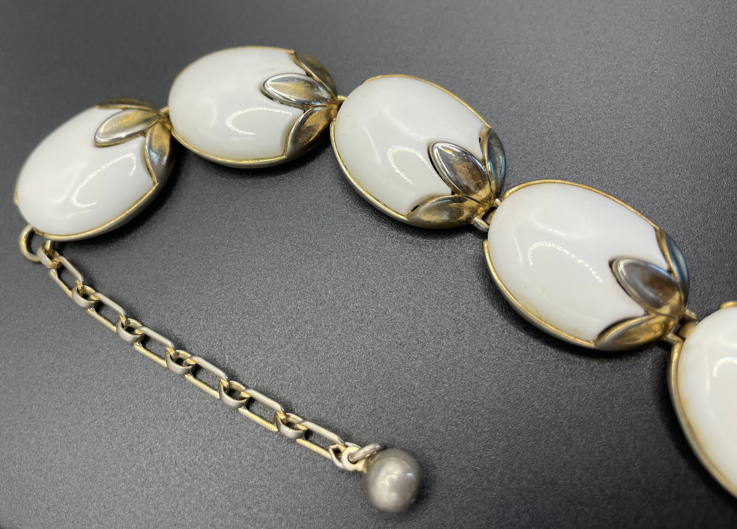 Vintage signed Crown Trifari 'Trinidad' milk white poured glass pale gold tone choker necklace