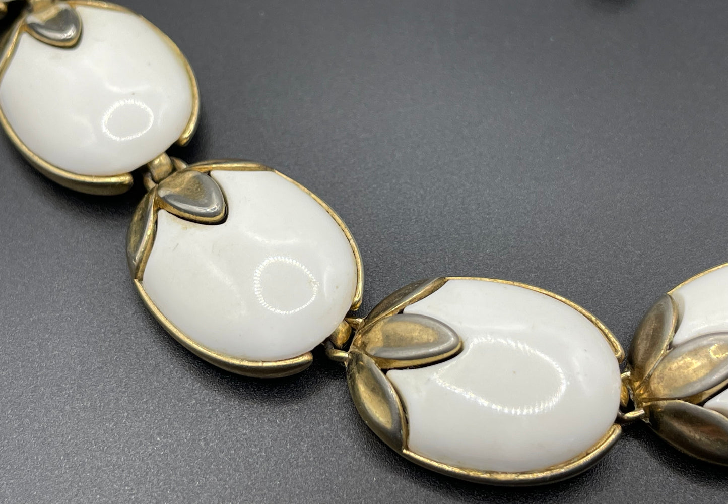 Vintage signed Crown Trifari 'Trinidad' milk white poured glass pale gold tone choker necklace