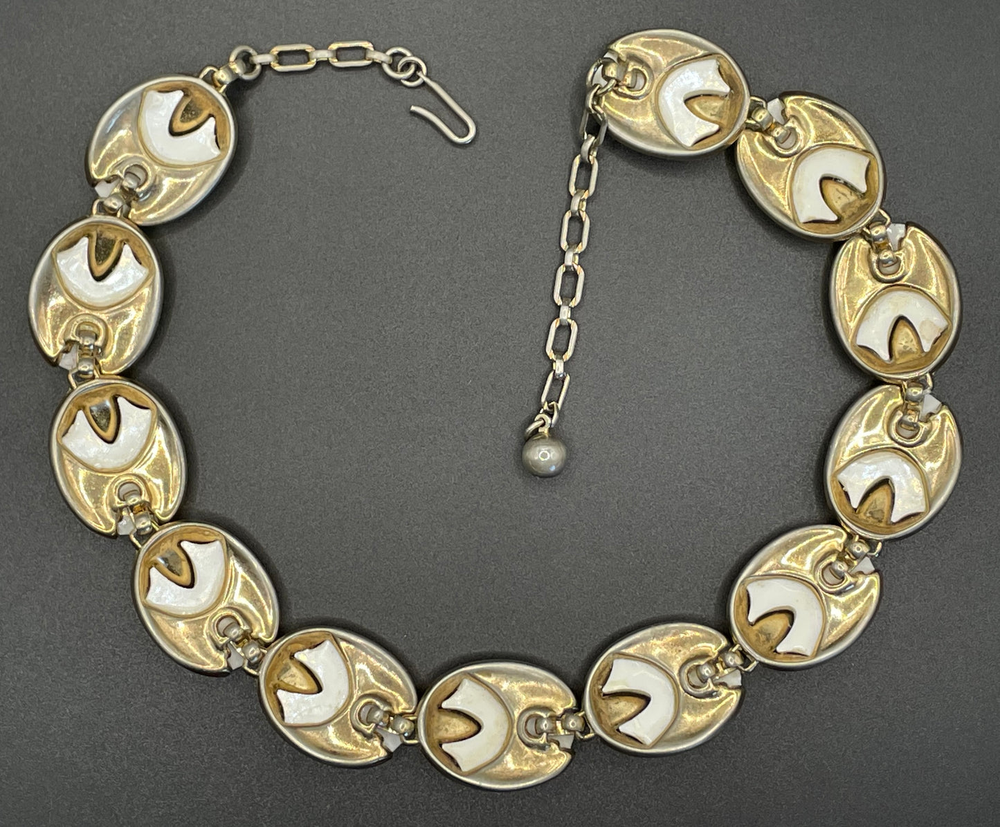 Vintage signed Crown Trifari 'Trinidad' milk white poured glass pale gold tone choker necklace