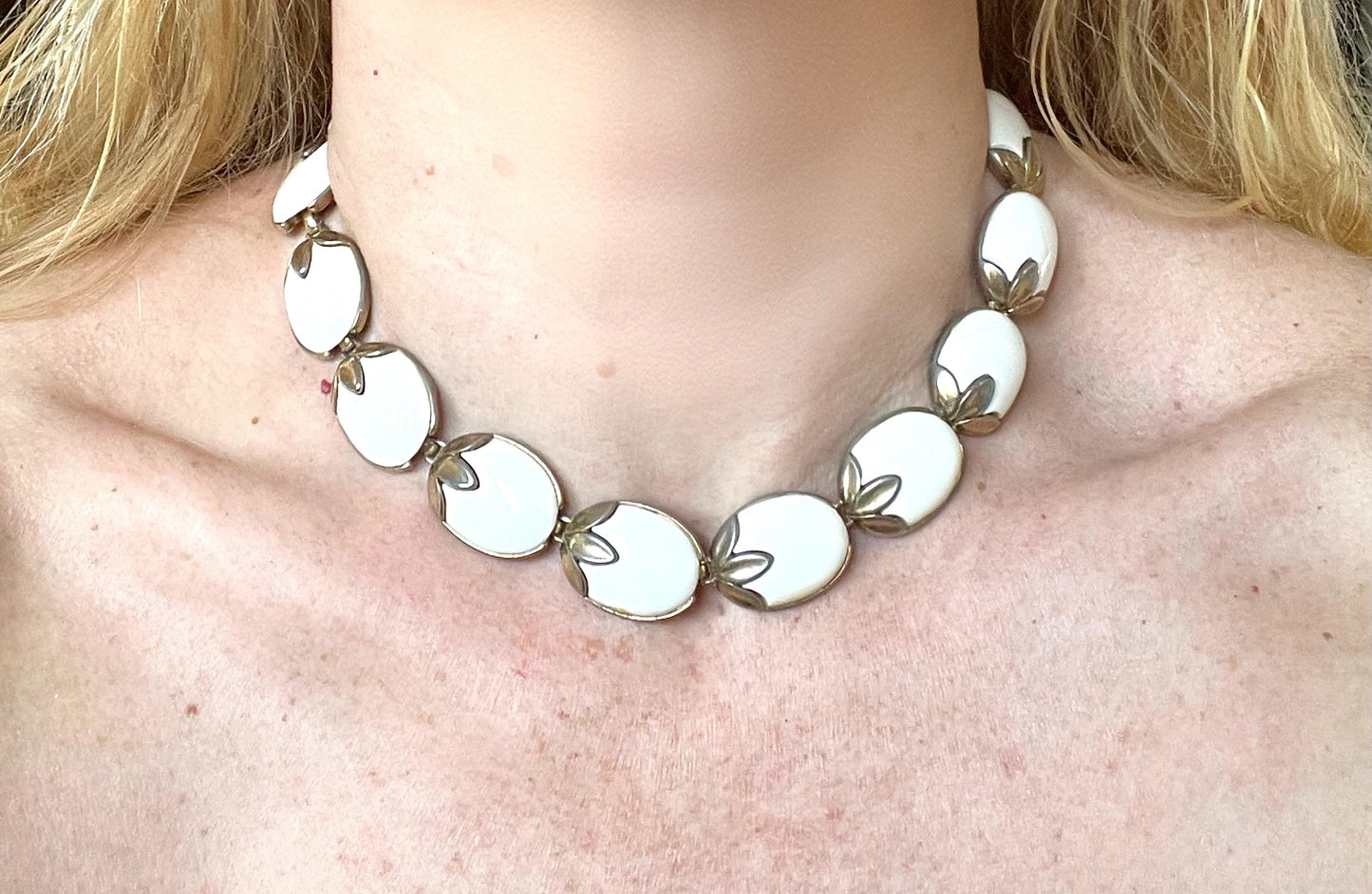Vintage signed Crown Trifari 'Trinidad' milk white poured glass pale gold tone choker necklace