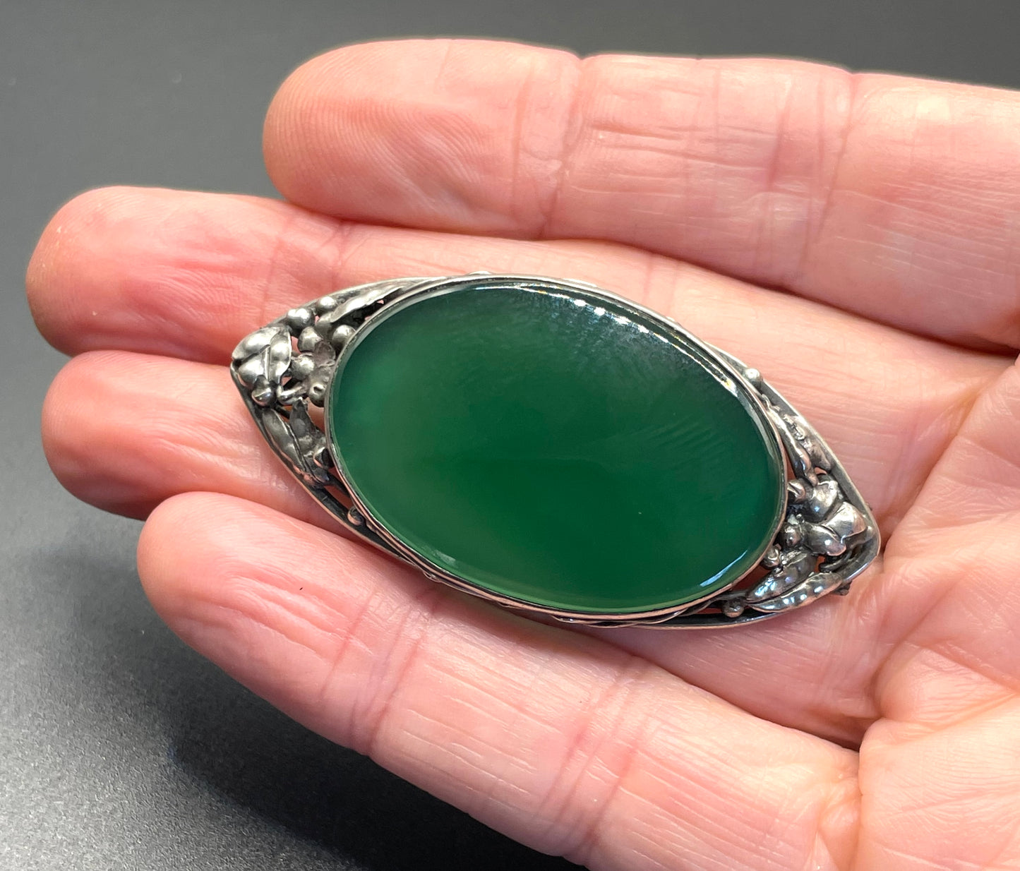 Vintage/antique sterling silver (tested) green gemstone (chrysoprase?) & Art Nouveau or Arts and Crafts brooch /pendant with sterling chain