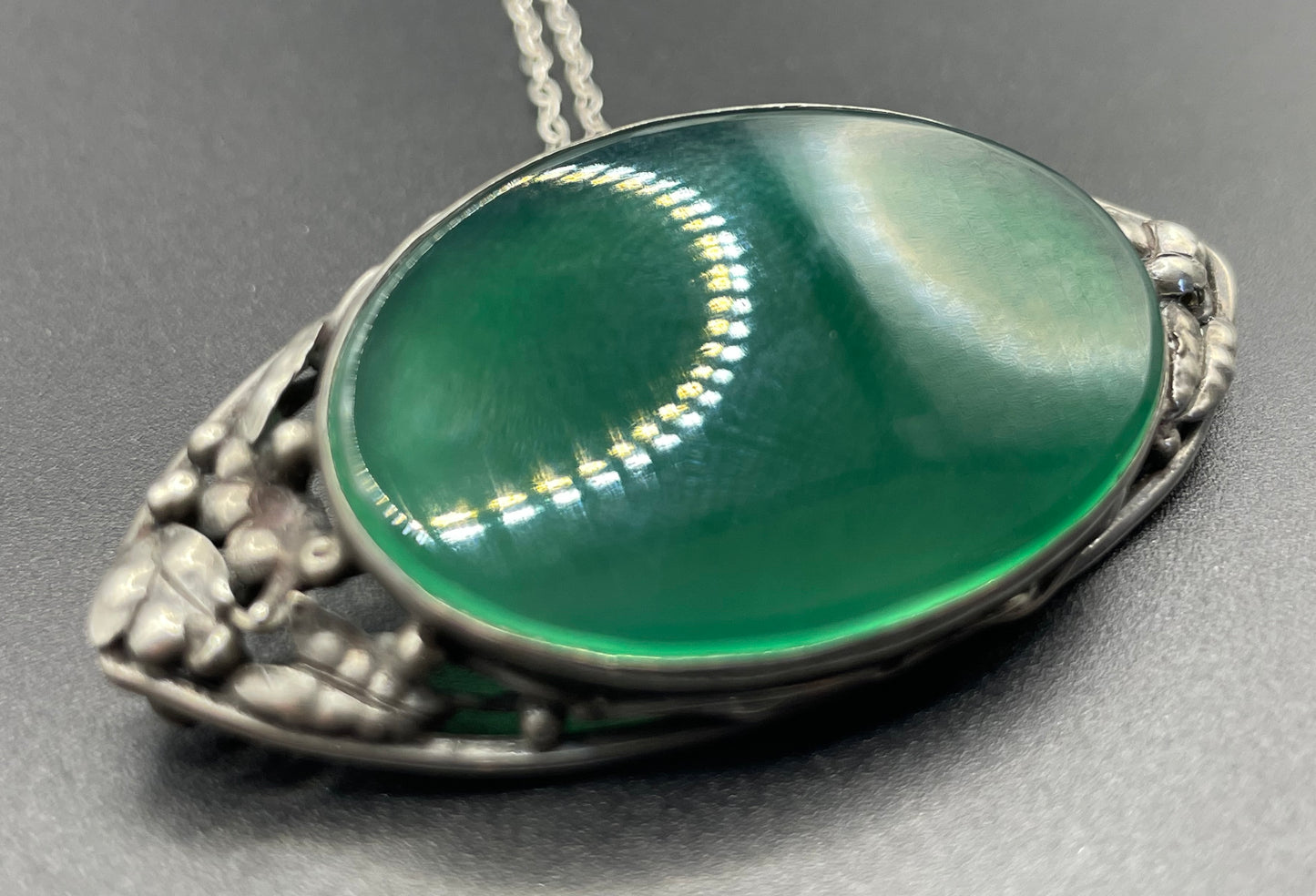 Vintage/antique sterling silver (tested) green gemstone (chrysoprase?) & Art Nouveau or Arts and Crafts brooch /pendant with sterling chain