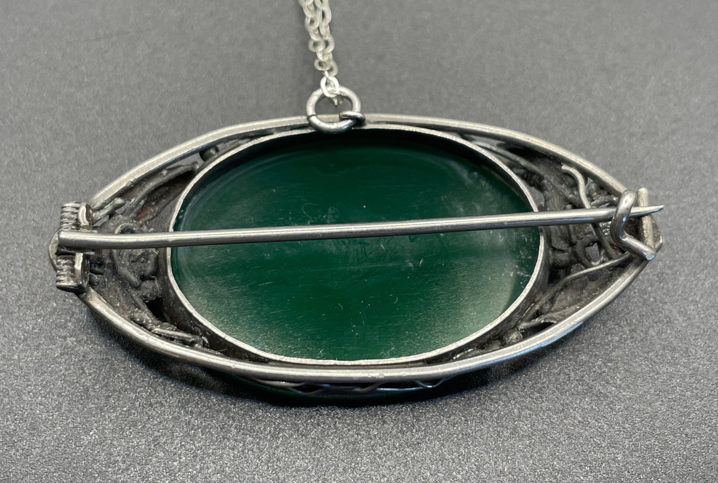Vintage/antique sterling silver (tested) green gemstone (chrysoprase?) & Art Nouveau or Arts and Crafts brooch /pendant with sterling chain