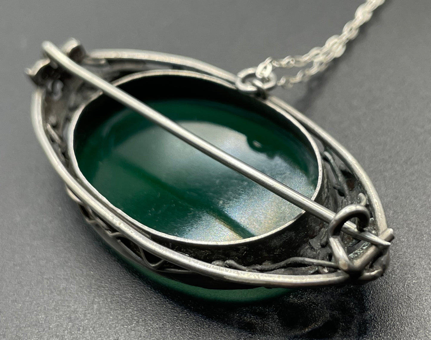 Vintage/antique sterling silver (tested) green gemstone (chrysoprase?) & Art Nouveau or Arts and Crafts brooch /pendant with sterling chain