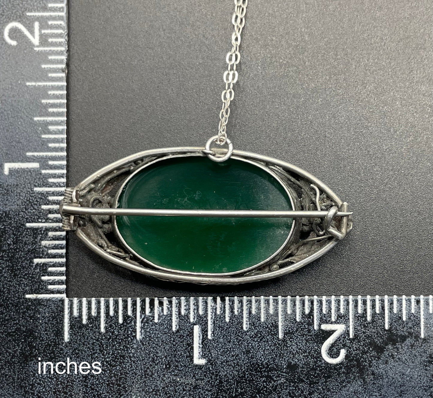 Vintage/antique sterling silver (tested) green gemstone (chrysoprase?) & Art Nouveau or Arts and Crafts brooch /pendant with sterling chain