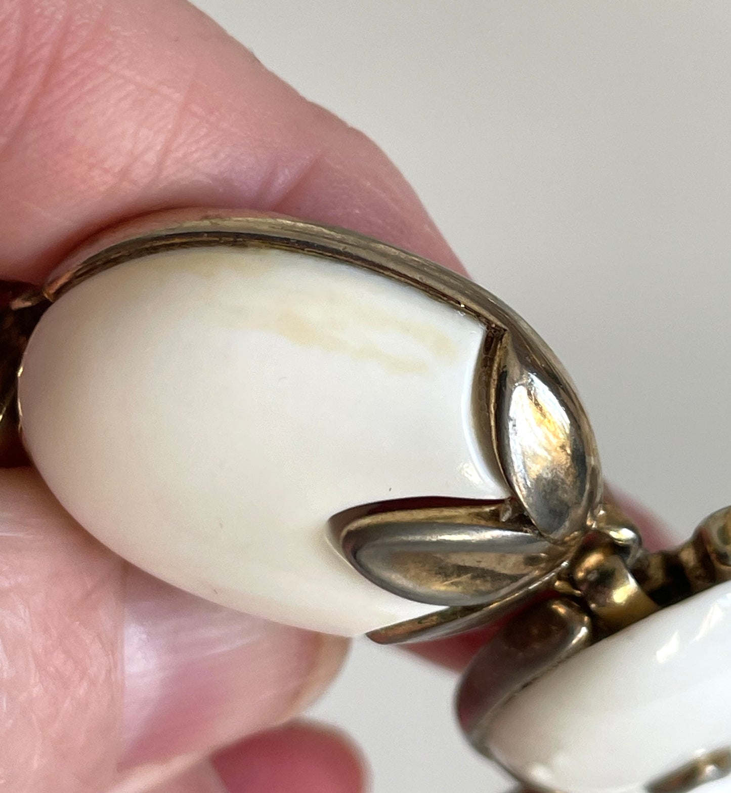 Vintage signed Crown Trifari 'Trinidad' milk white poured glass pale gold tone choker necklace