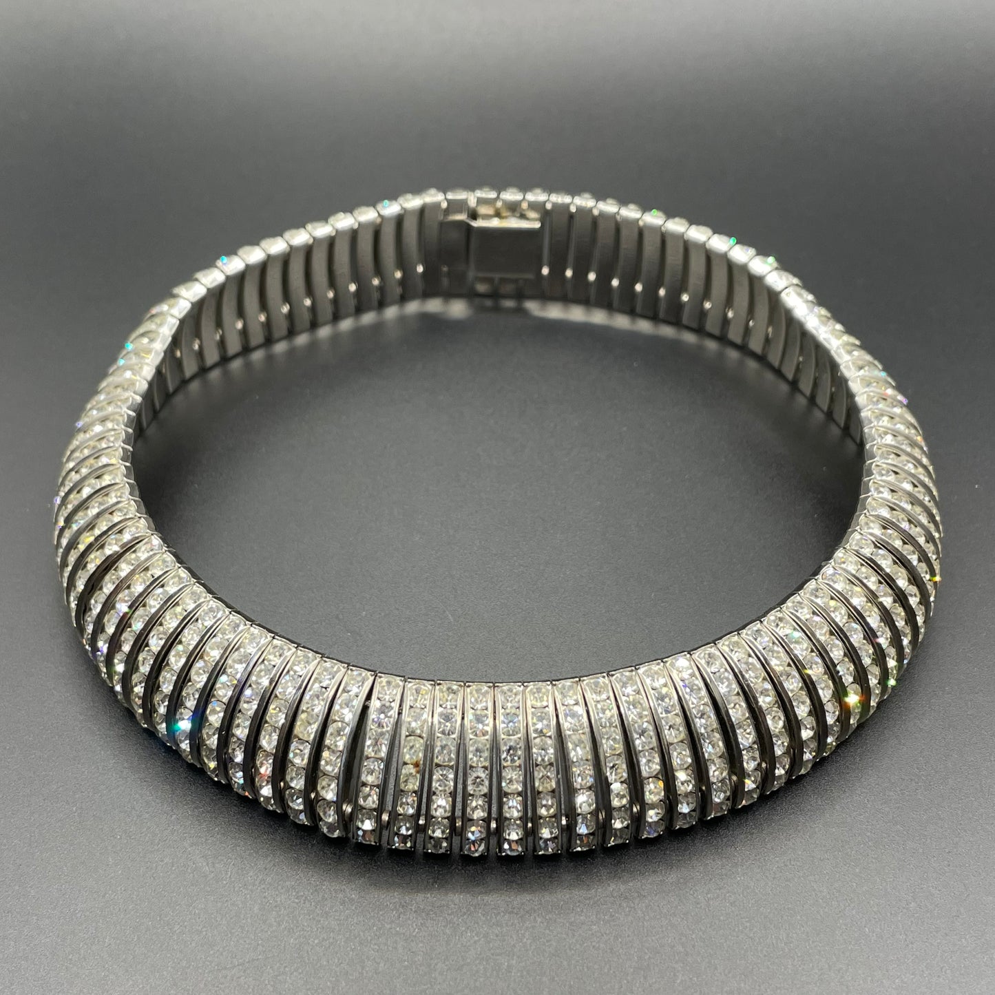 Vintage Art Deco Schreiber and Hiller channel set clear rhinestone choker necklace, unsigned, slim fitting