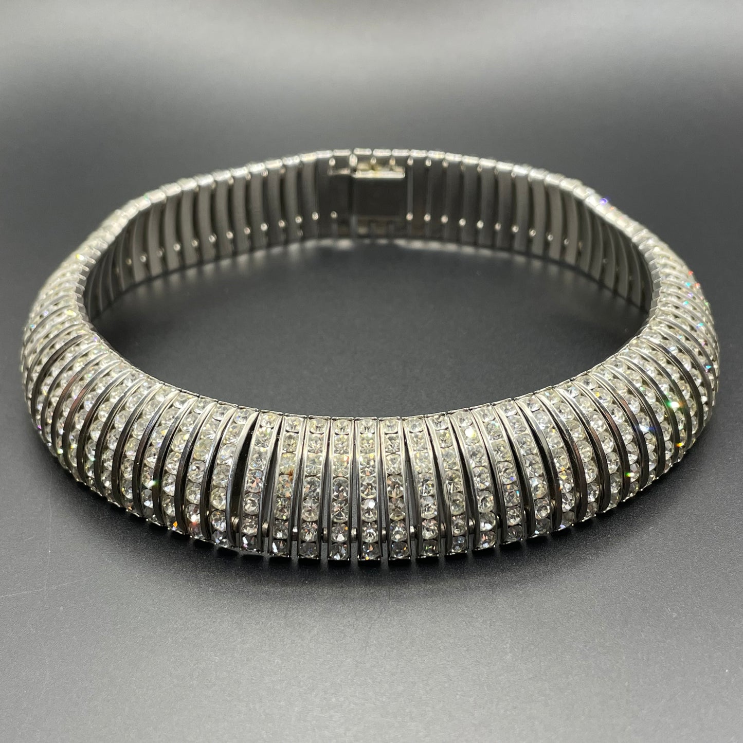 Vintage Art Deco Schreiber and Hiller channel set clear rhinestone choker necklace, unsigned, slim fitting