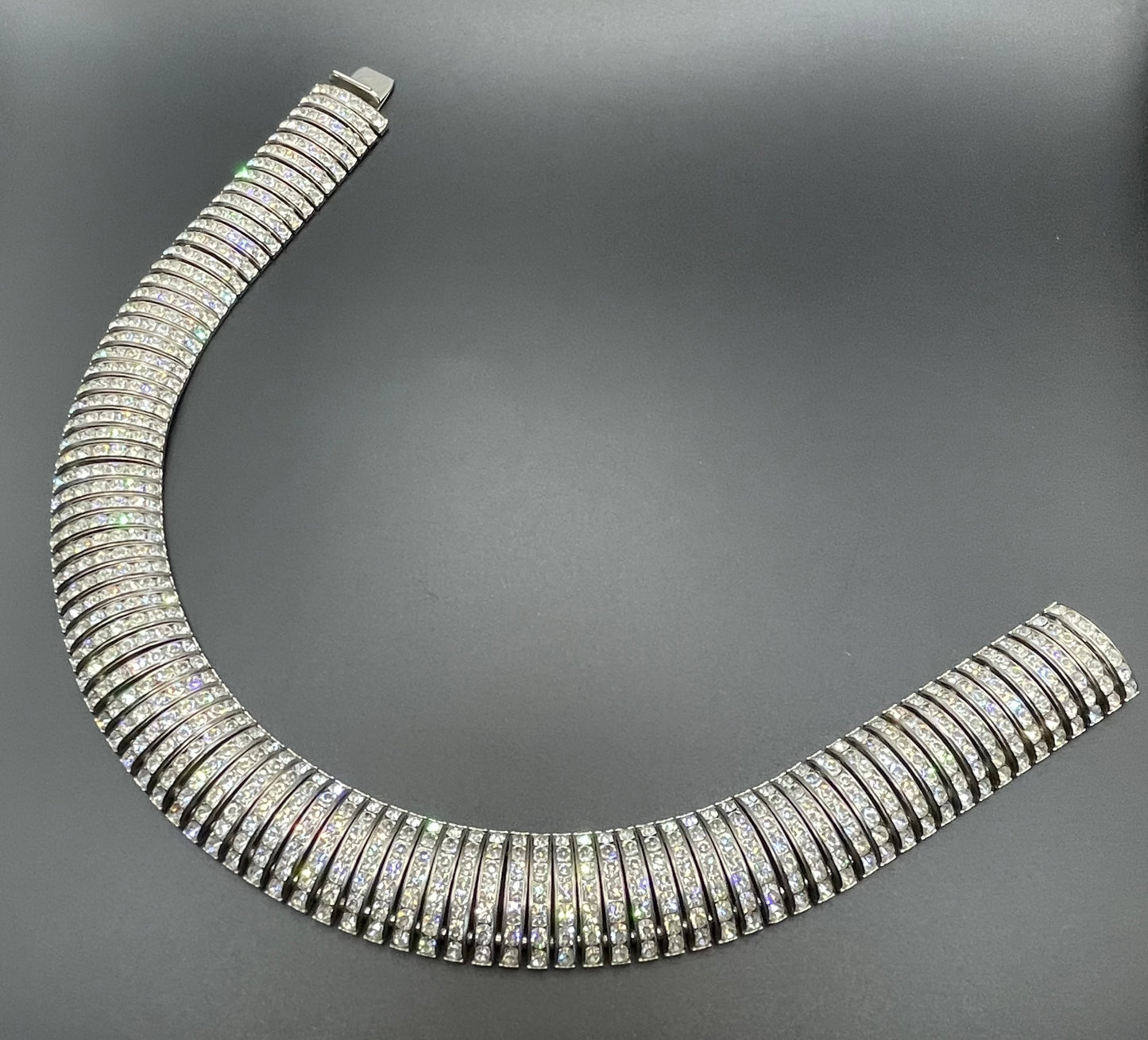 Vintage Art Deco Schreiber and Hiller channel set clear rhinestone choker necklace, unsigned, slim fitting