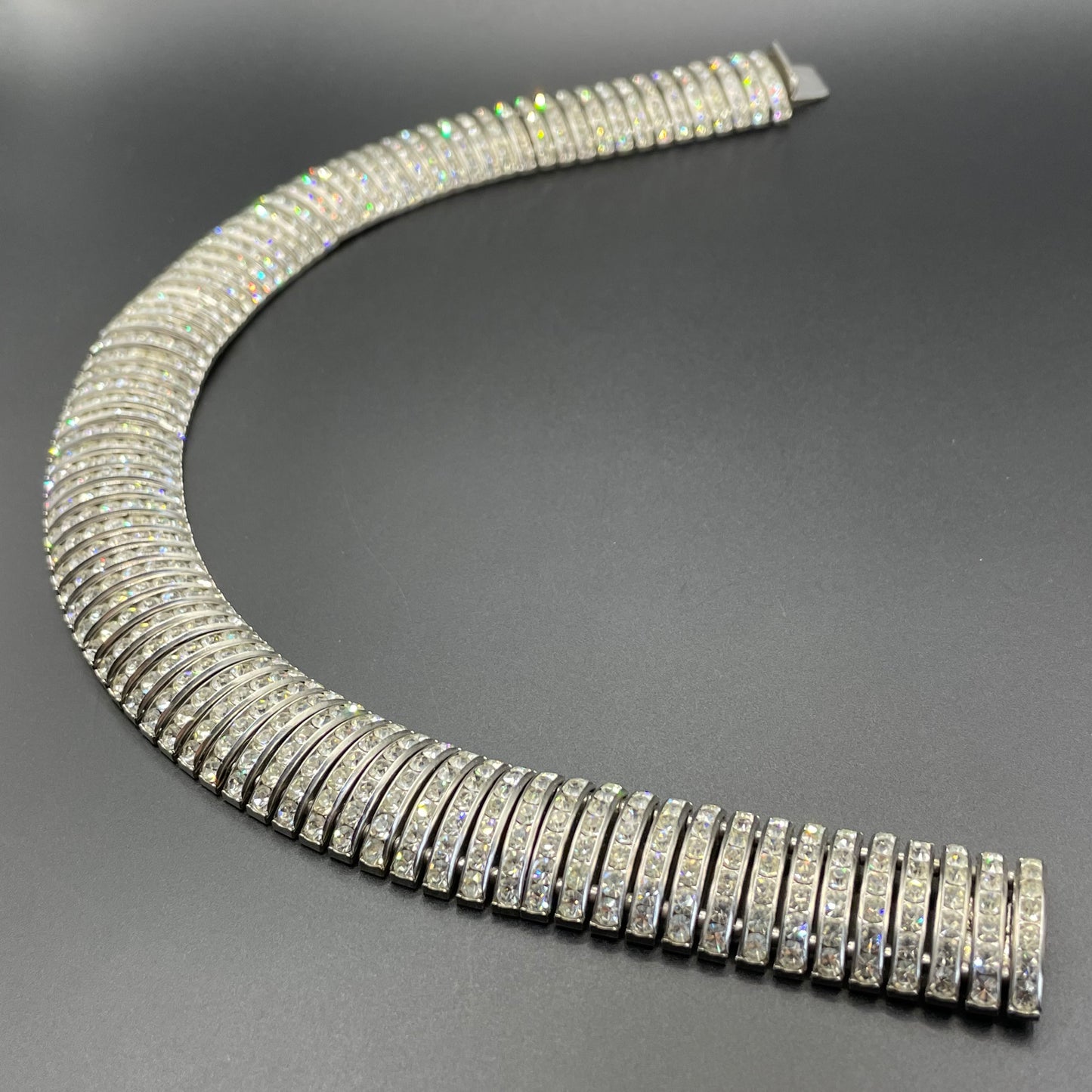 Vintage Art Deco Schreiber and Hiller channel set clear rhinestone choker necklace, unsigned, slim fitting