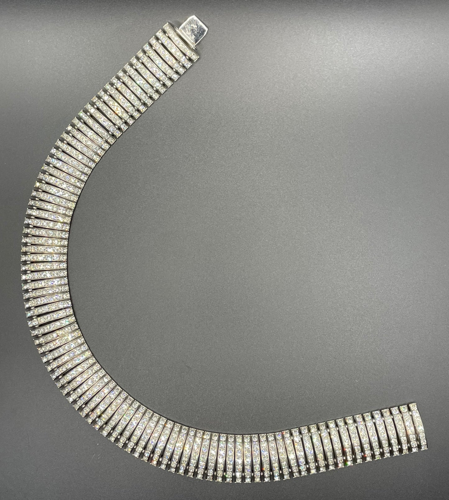 Vintage Art Deco Schreiber and Hiller channel set clear rhinestone choker necklace, unsigned, slim fitting