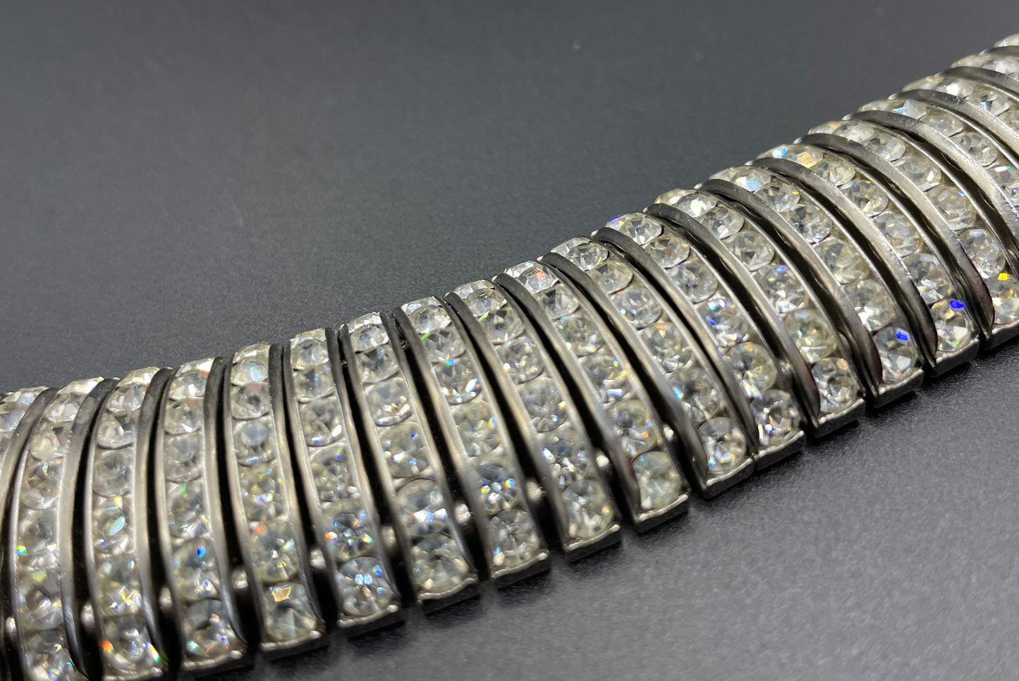 Vintage Art Deco Schreiber and Hiller channel set clear rhinestone choker necklace, unsigned, slim fitting