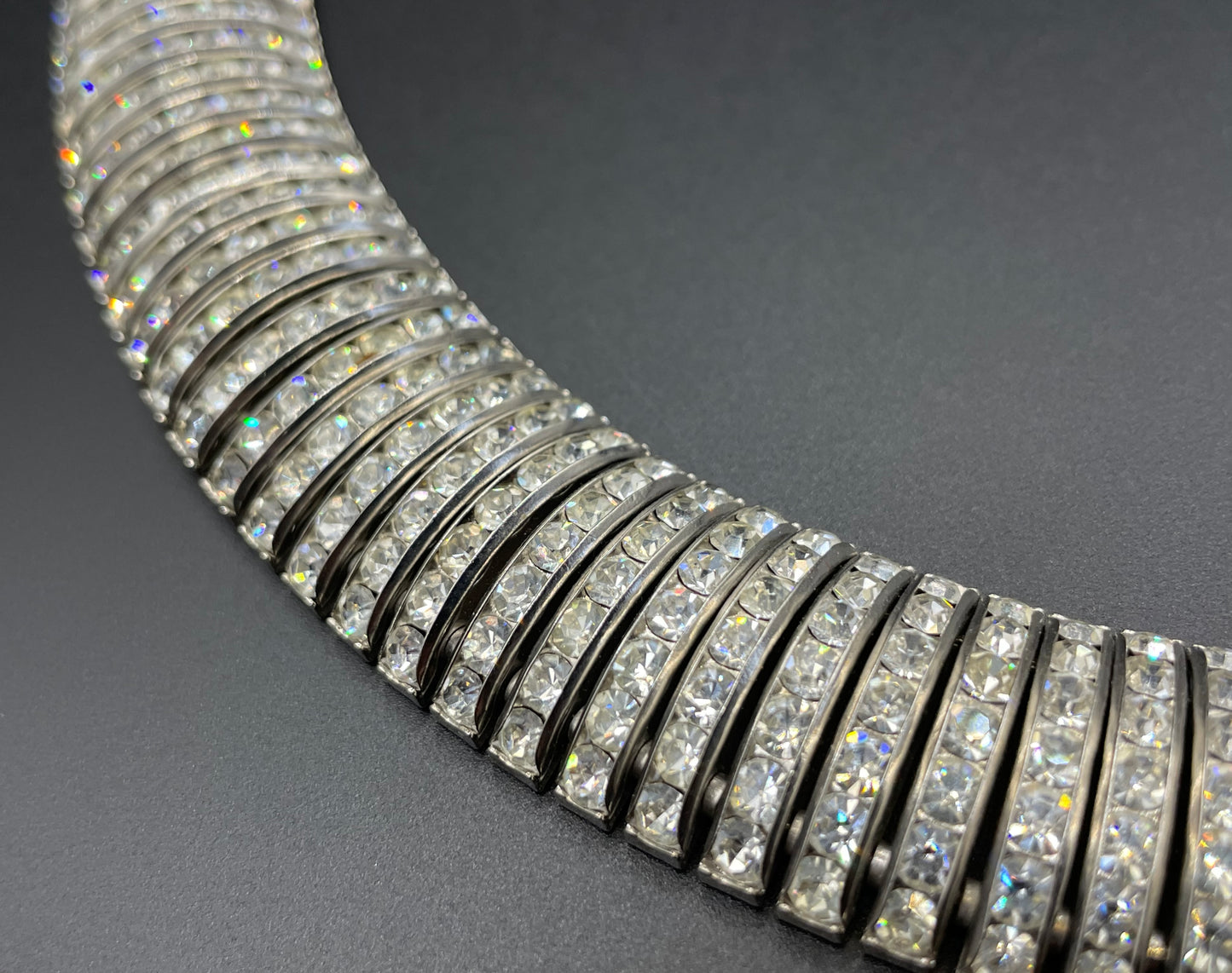 Vintage Art Deco Schreiber and Hiller channel set clear rhinestone choker necklace, unsigned, slim fitting