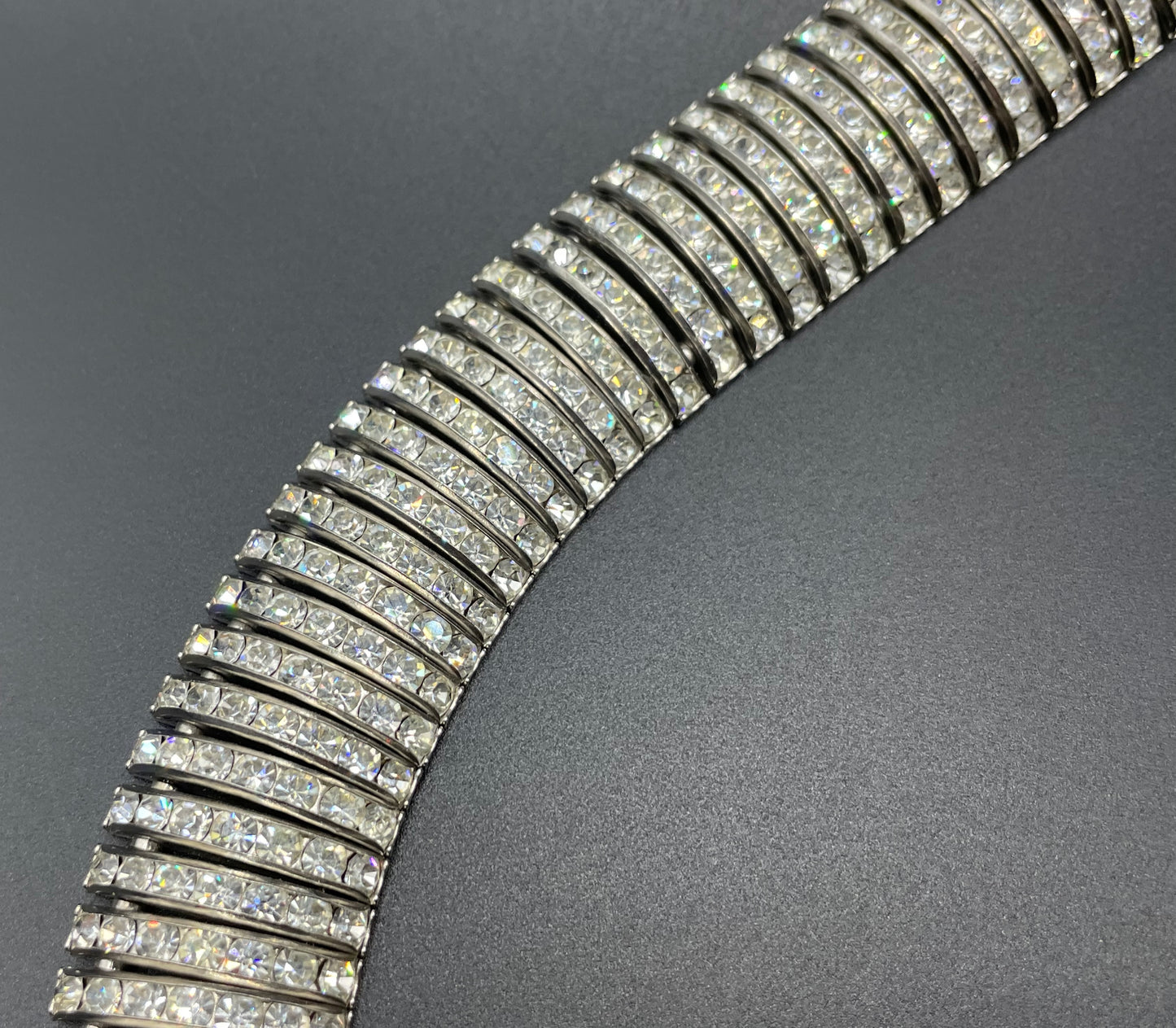 Vintage Art Deco Schreiber and Hiller channel set clear rhinestone choker necklace, unsigned, slim fitting