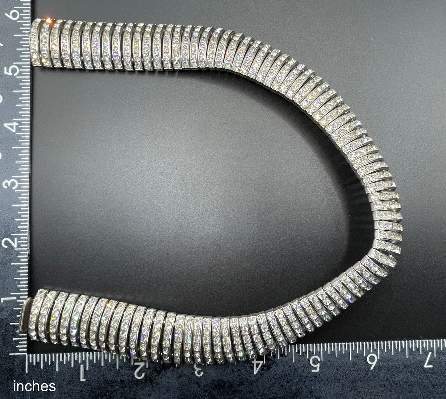 Vintage Art Deco Schreiber and Hiller channel set clear rhinestone choker necklace, unsigned, slim fitting