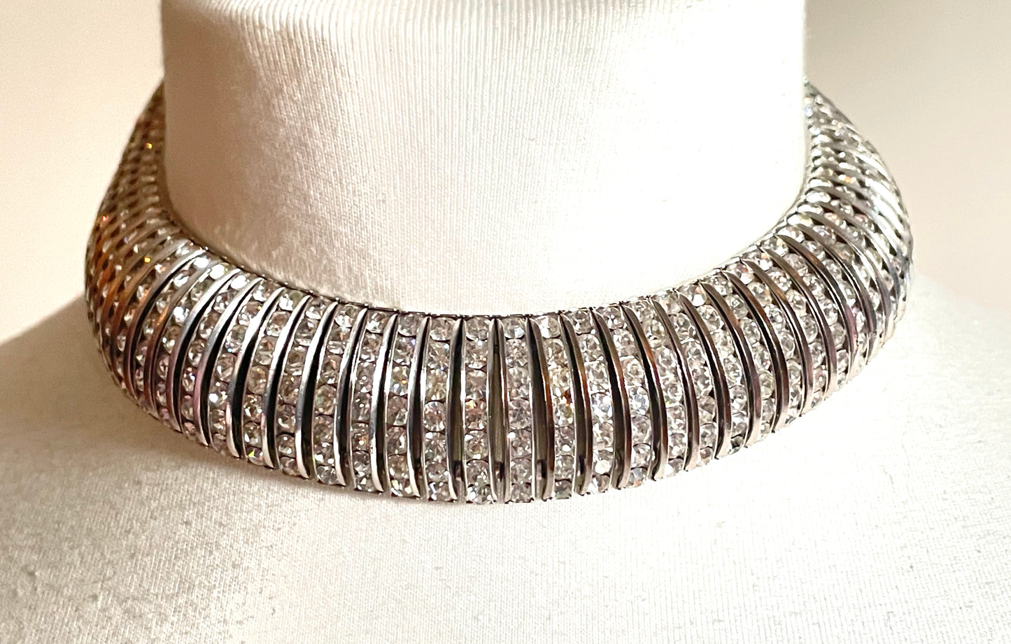 Vintage Art Deco Schreiber and Hiller channel set clear rhinestone choker necklace, unsigned, slim fitting