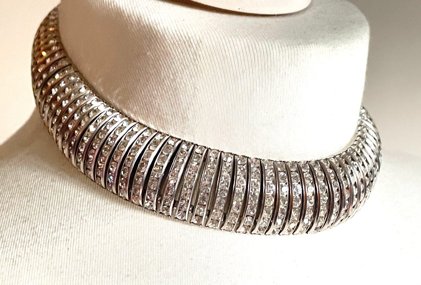 Vintage Art Deco Schreiber and Hiller channel set clear rhinestone choker necklace, unsigned, slim fitting