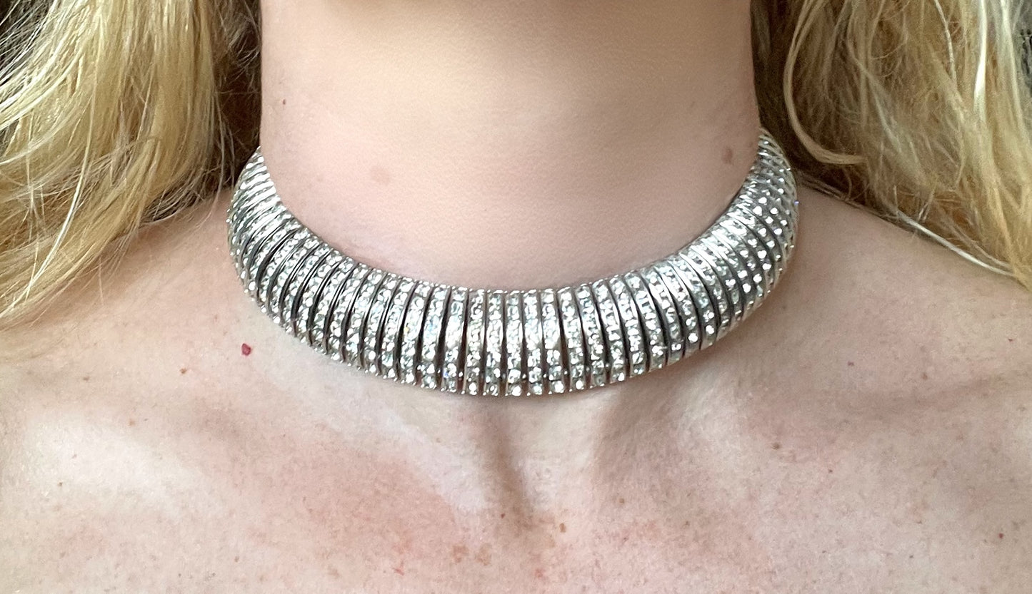 Vintage Art Deco Schreiber and Hiller channel set clear rhinestone choker necklace, unsigned, slim fitting
