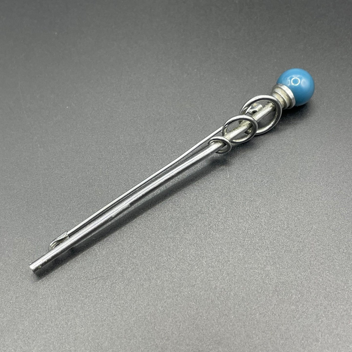Vintage Jakob Bengel Art Deco machine age, beautiful blue (almost teal) galalith ball and chrome silver tone abstract long brooch