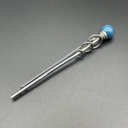Vintage Jakob Bengel Art Deco machine age, beautiful blue (almost teal) galalith ball and chrome silver tone abstract long brooch
