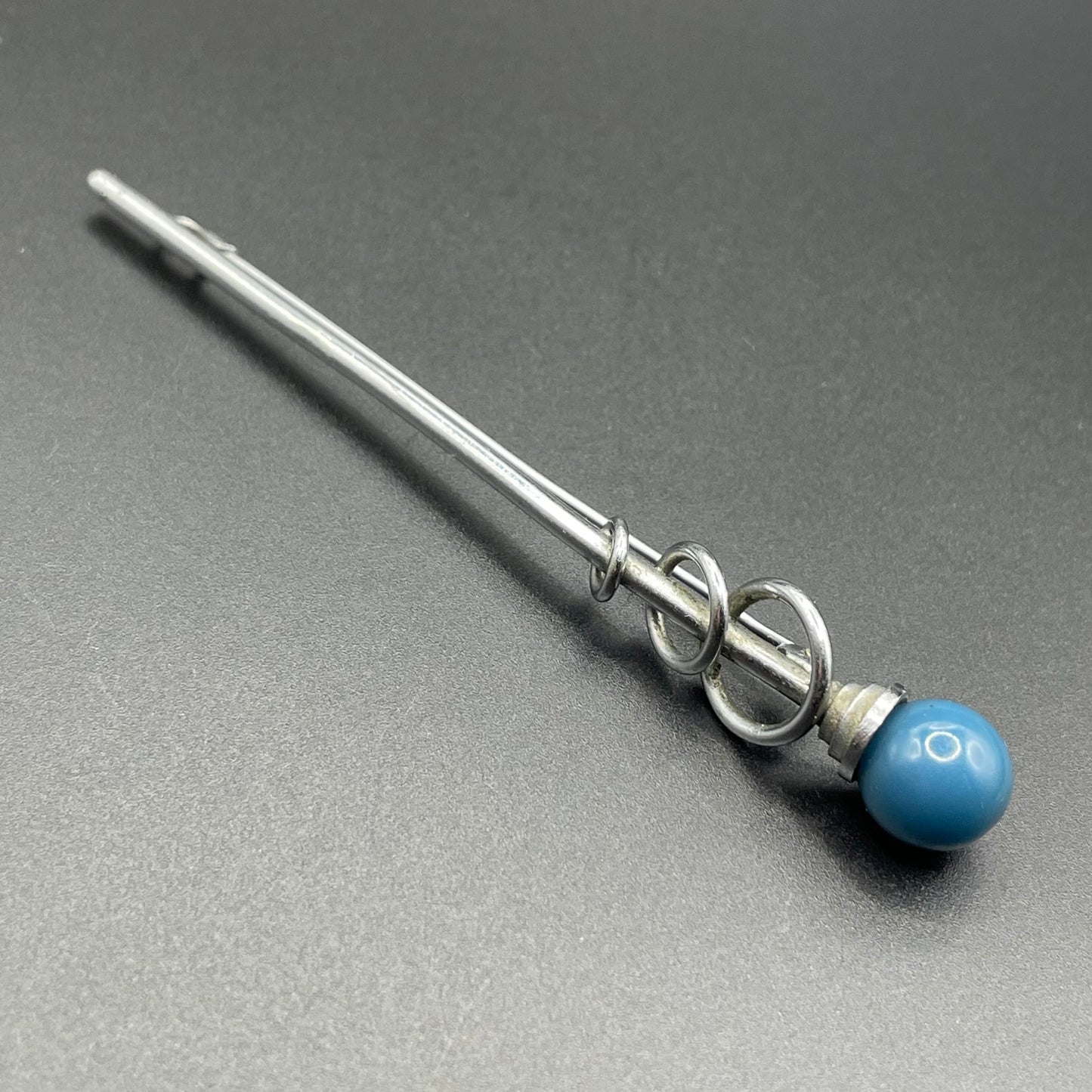 Vintage Jakob Bengel Art Deco machine age, beautiful blue (almost teal) galalith ball and chrome silver tone abstract long brooch