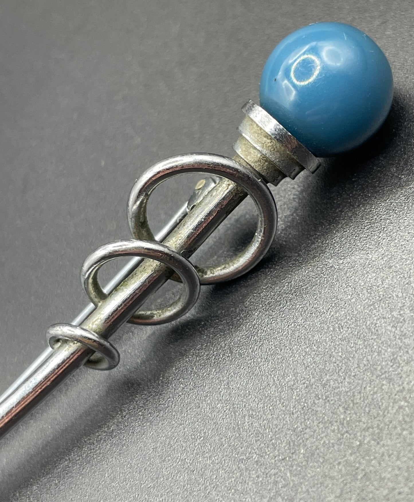 Vintage Jakob Bengel Art Deco machine age, beautiful blue (almost teal) galalith ball and chrome silver tone abstract long brooch