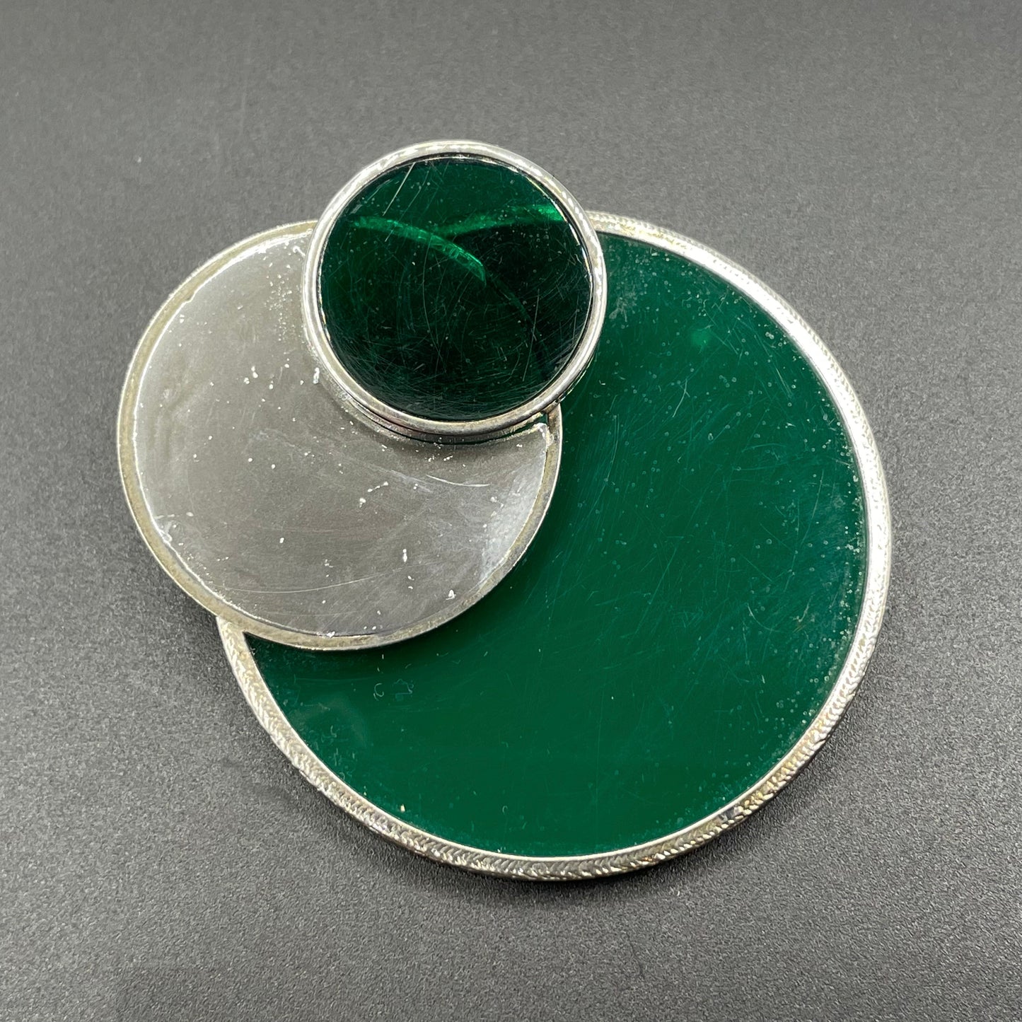 Vintage large Art Deco Bauhaus design green glass and silver tone (probably low grade silver) brooch with trombone clasp