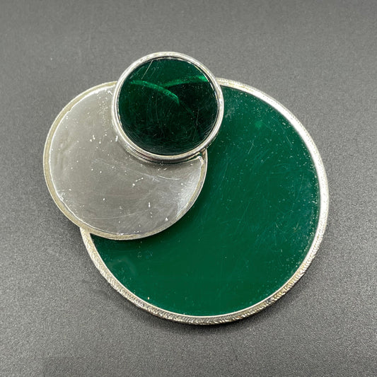 Vintage large Art Deco Bauhaus design green glass and silver tone (probably low grade silver) brooch with trombone clasp