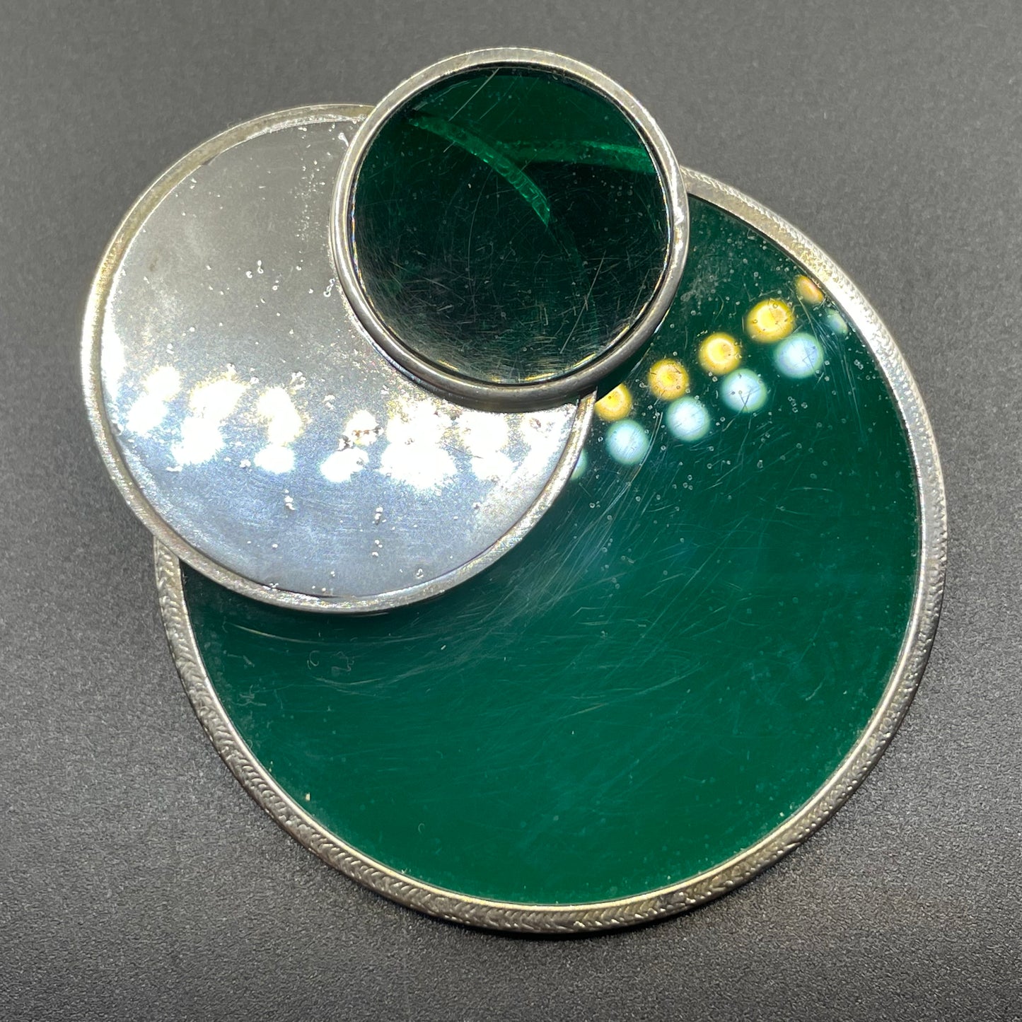 Vintage large Art Deco Bauhaus design green glass and silver tone (probably low grade silver) brooch with trombone clasp