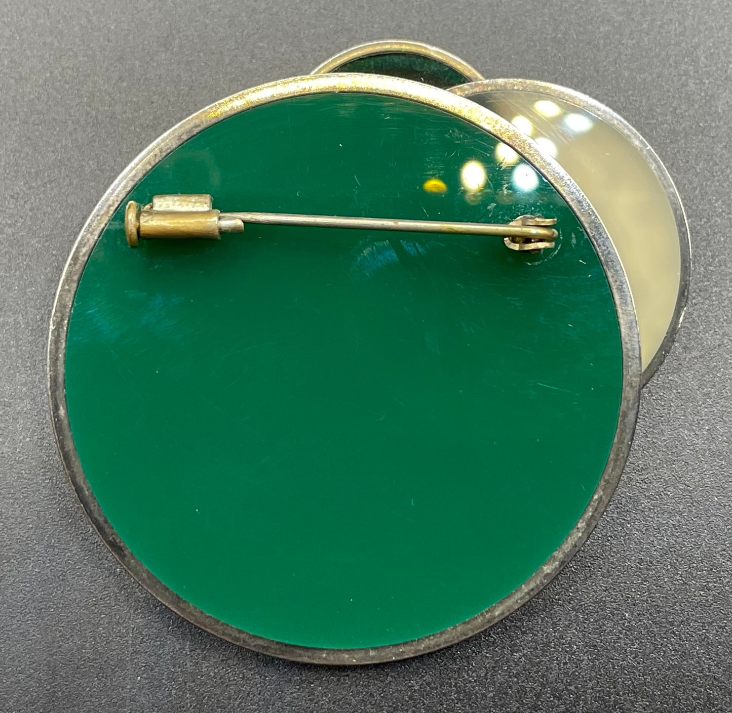 Vintage large Art Deco Bauhaus design green glass and silver tone (probably low grade silver) brooch with trombone clasp
